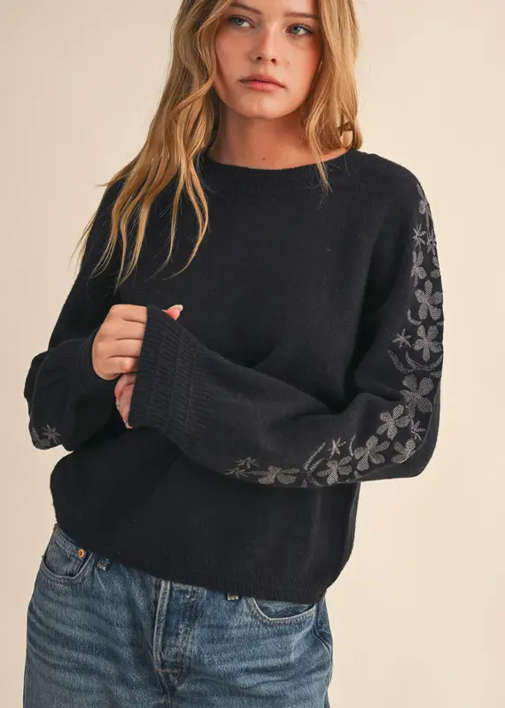 509 Broadway Floral Detail Sleeve Sweater