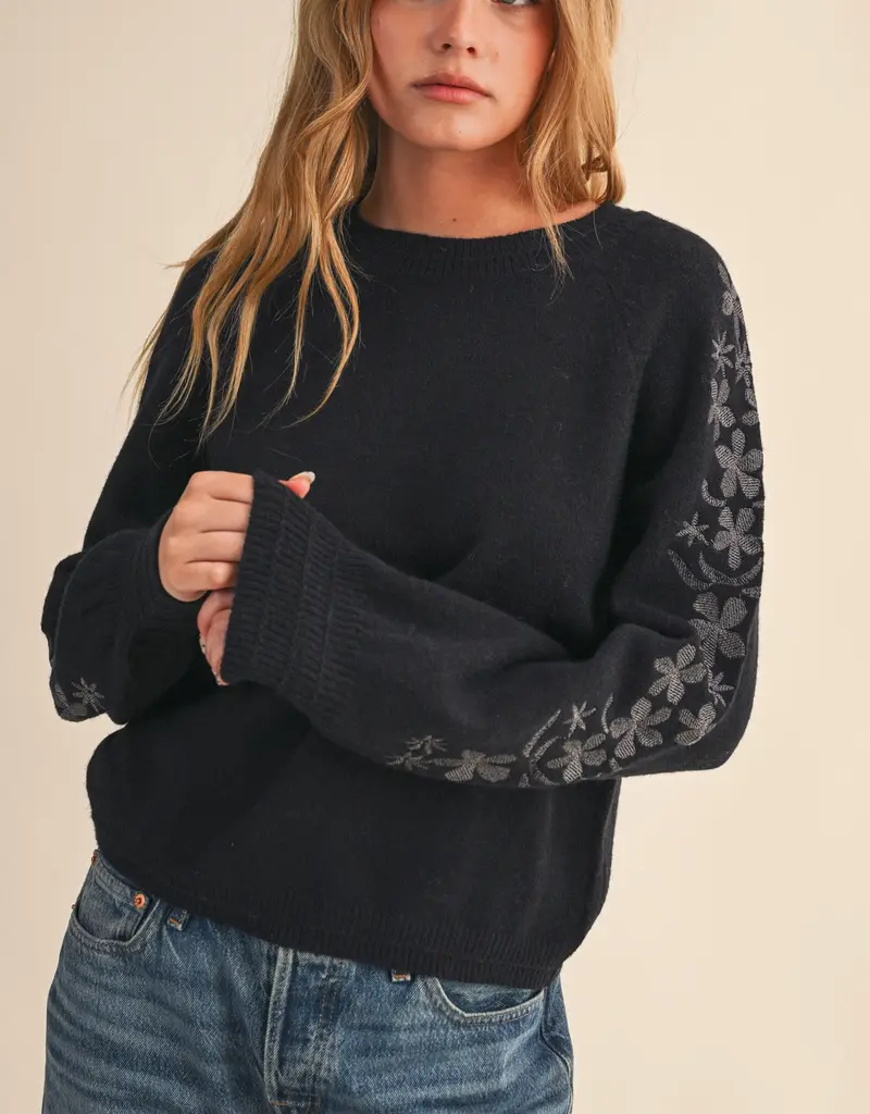 509 Broadway Floral Detail Sleeve Sweater