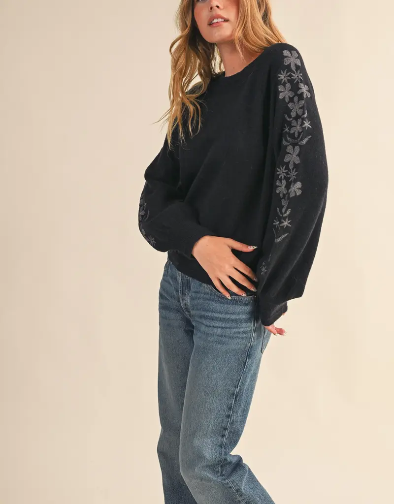 509 Broadway Floral Detail Sleeve Sweater