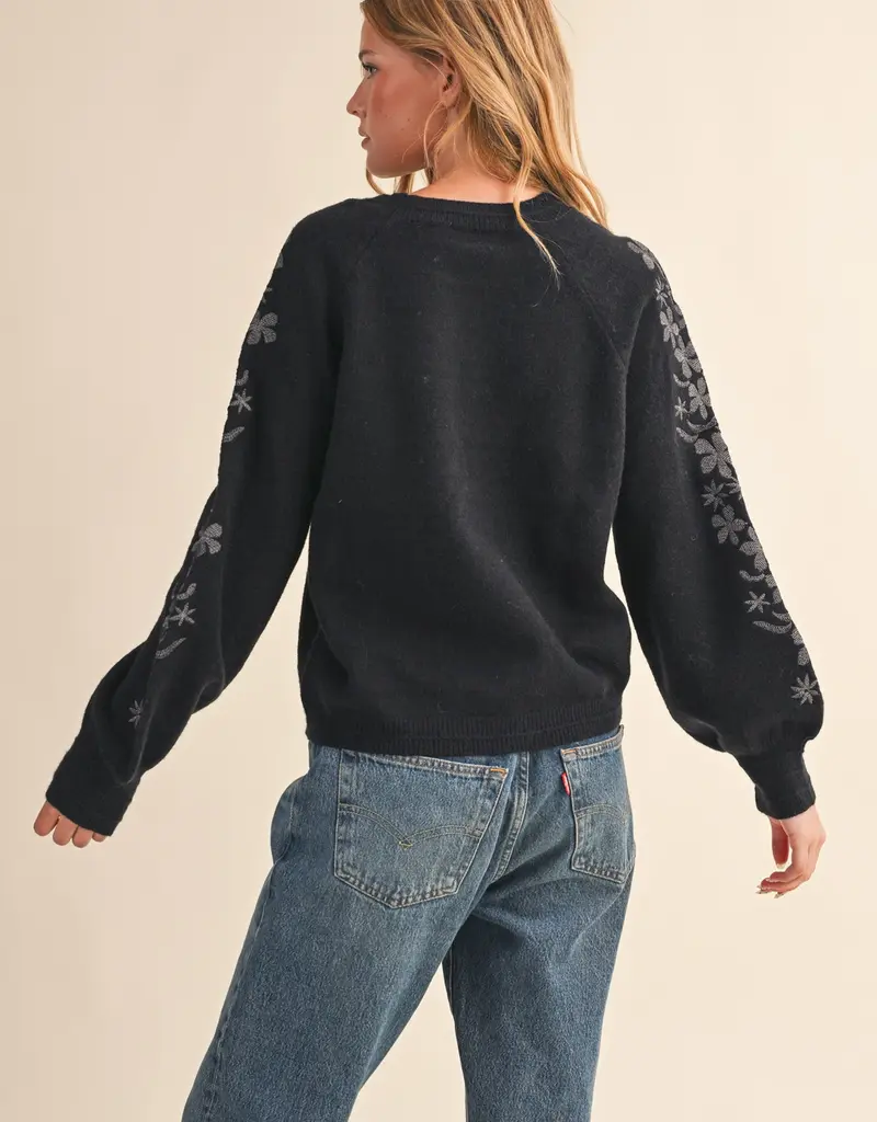 509 Broadway Floral Detail Sleeve Sweater