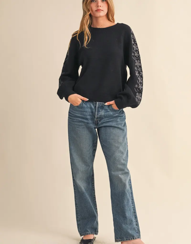 509 Broadway Floral Detail Sleeve Sweater
