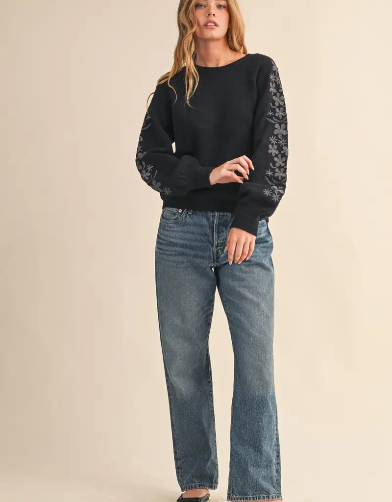 509 Broadway Floral Detail Sleeve Sweater