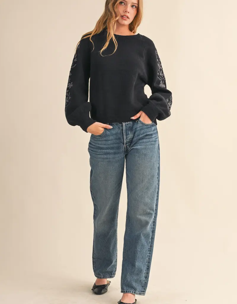 509 Broadway Floral Detail Sleeve Sweater