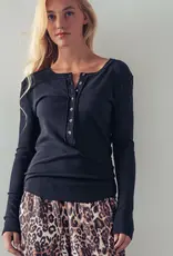 509 Broadway Ribbed Henley Long Sleeve Top