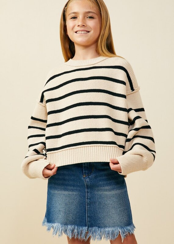 509 Broadway Girls Puff Sleeve Stripe Sweater