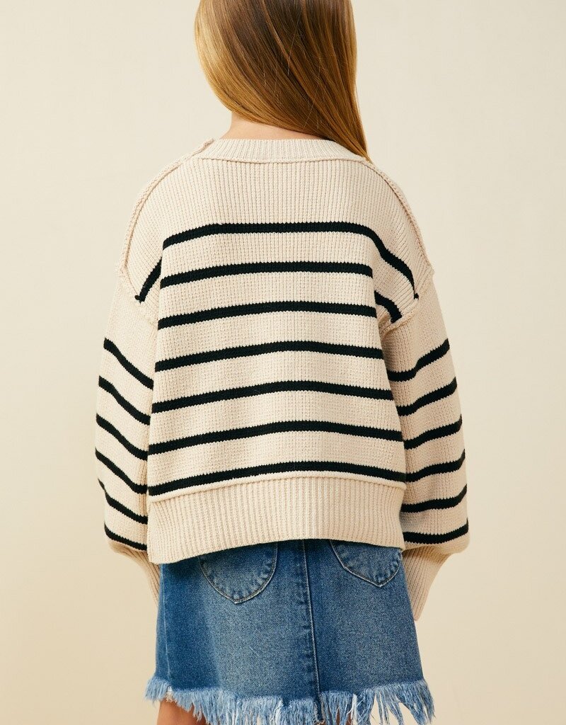 509 Broadway Girls Puff Sleeve Stripe Sweater