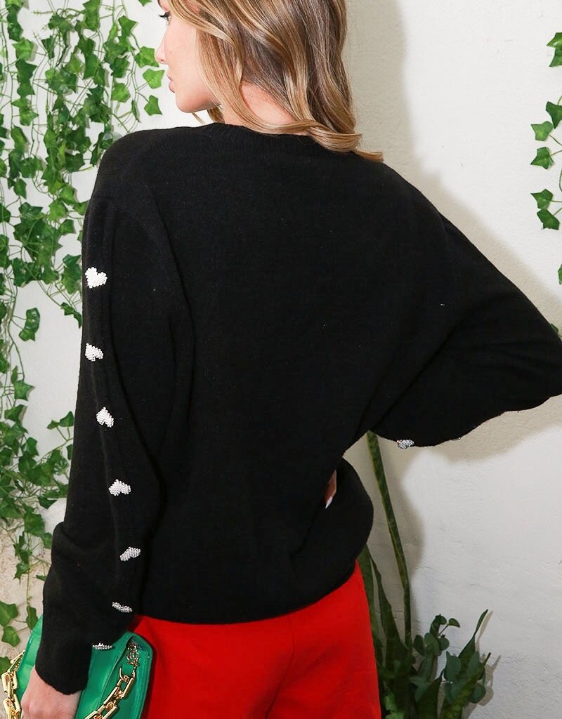 509 Broadway Heart Shaped Jeweled Button Detail Knitted Sweater