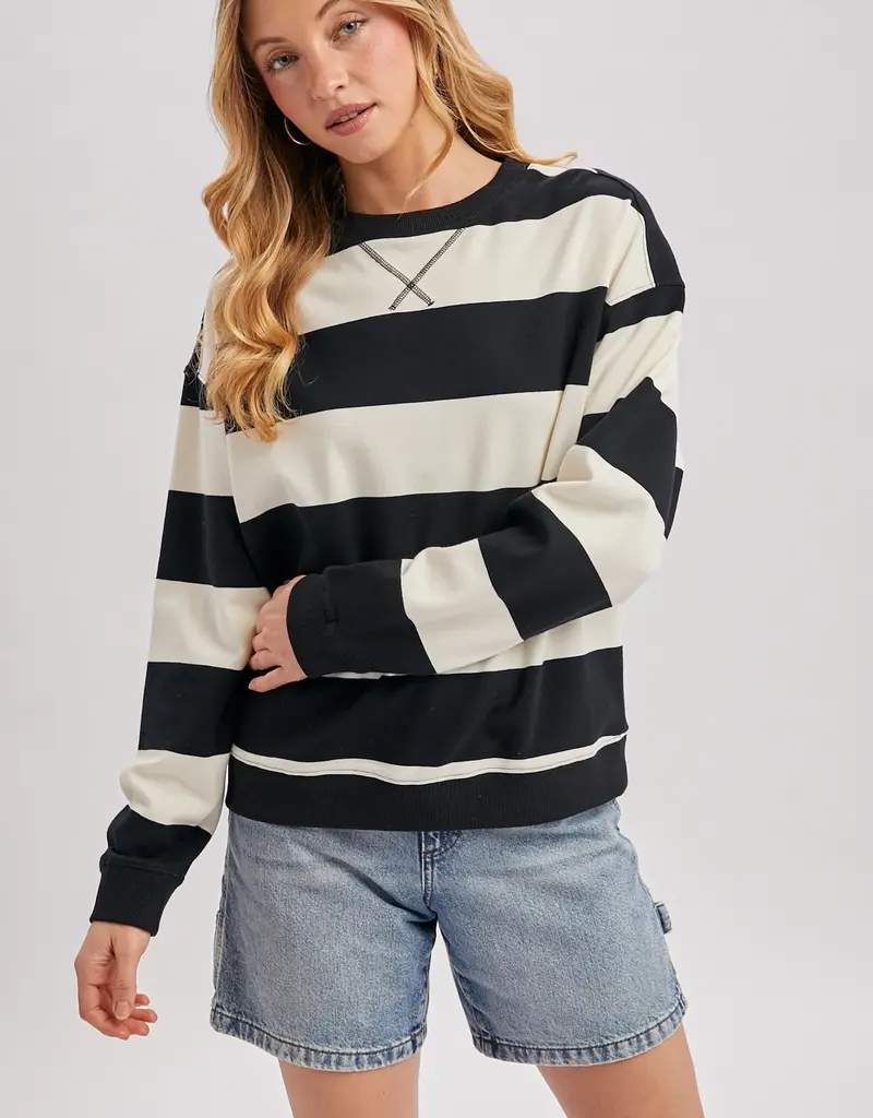 509 Broadway Striped Boxy Crew Neck Knit Sweatshirt