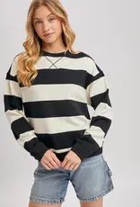 509 Broadway Striped Boxy Crew Neck Knit Sweatshirt