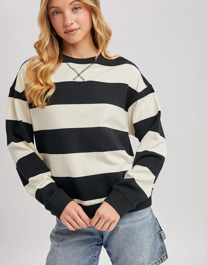 509 Broadway Striped Boxy Crew Neck Knit Sweatshirt