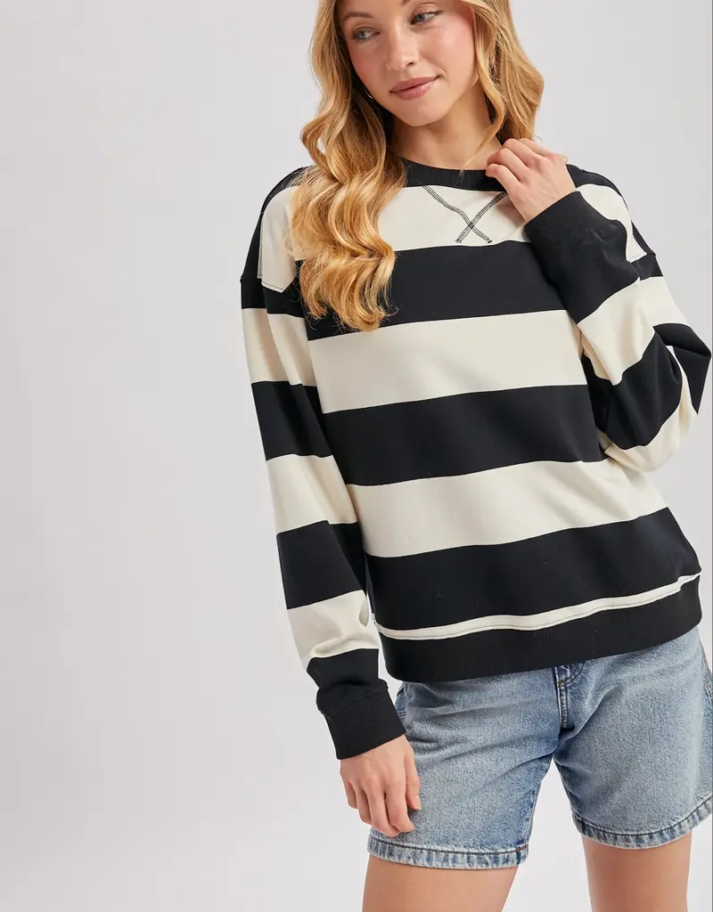 509 Broadway Striped Boxy Crew Neck Knit Sweatshirt