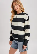 509 Broadway Striped Boxy Crew Neck Knit Sweatshirt