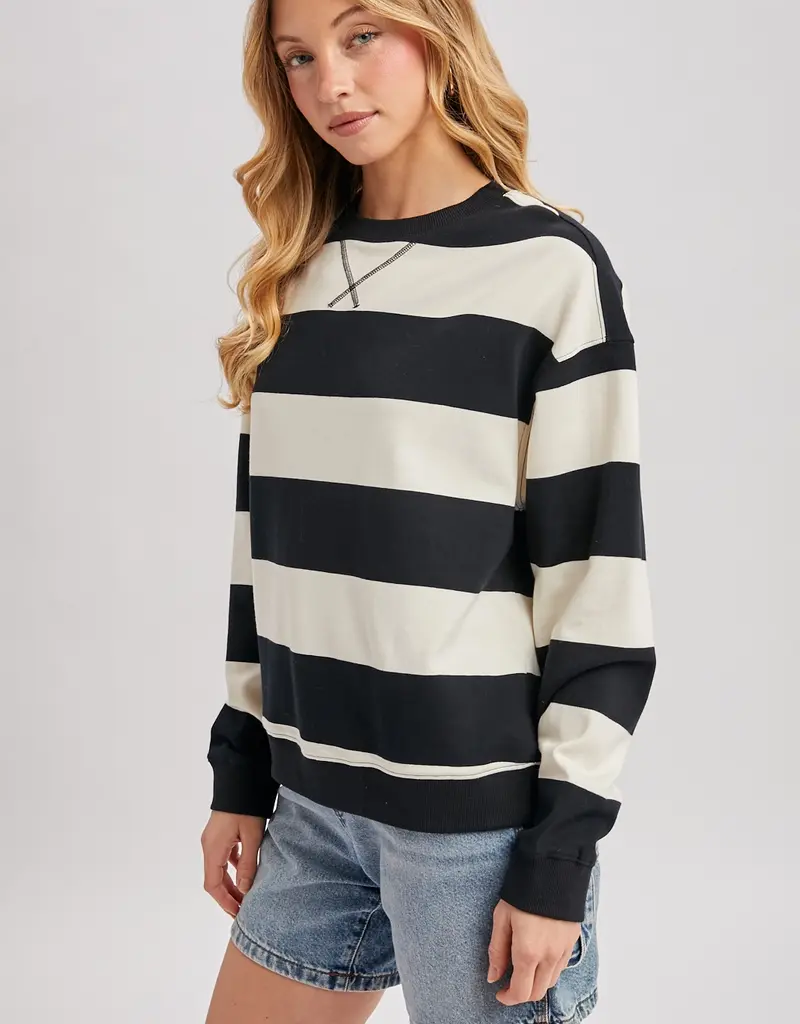 509 Broadway Striped Boxy Crew Neck Knit Sweatshirt