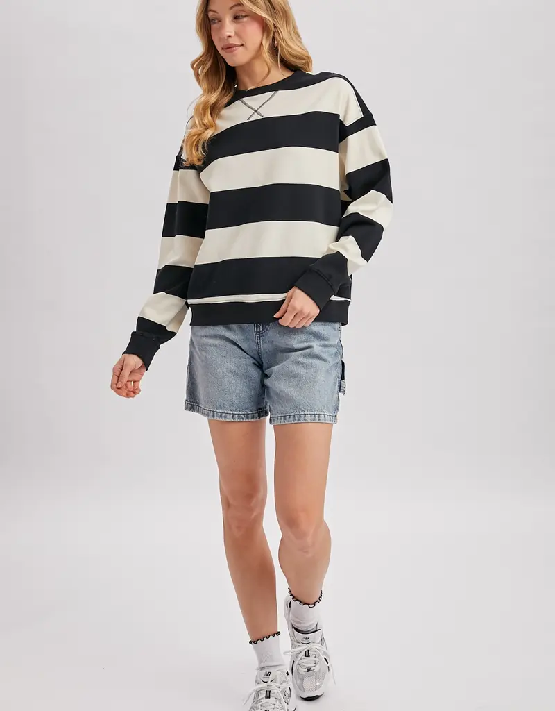 509 Broadway Striped Boxy Crew Neck Knit Sweatshirt