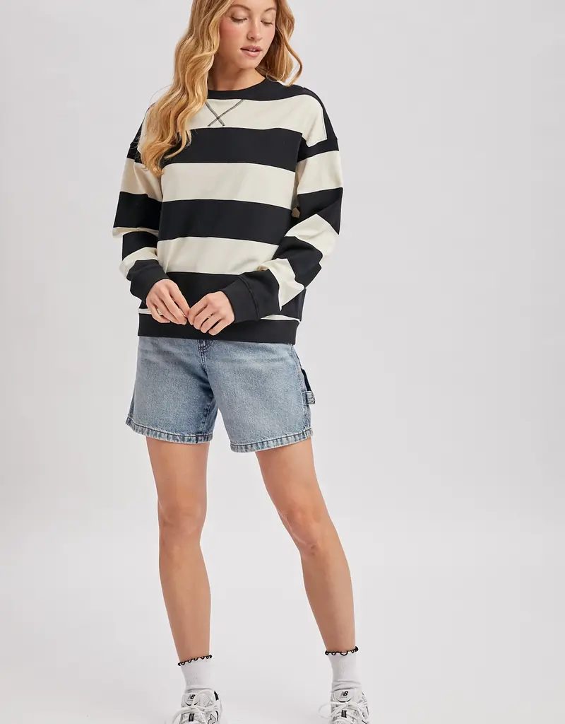 509 Broadway Striped Boxy Crew Neck Knit Sweatshirt