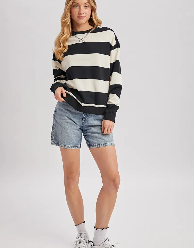 509 Broadway Striped Boxy Crew Neck Knit Sweatshirt