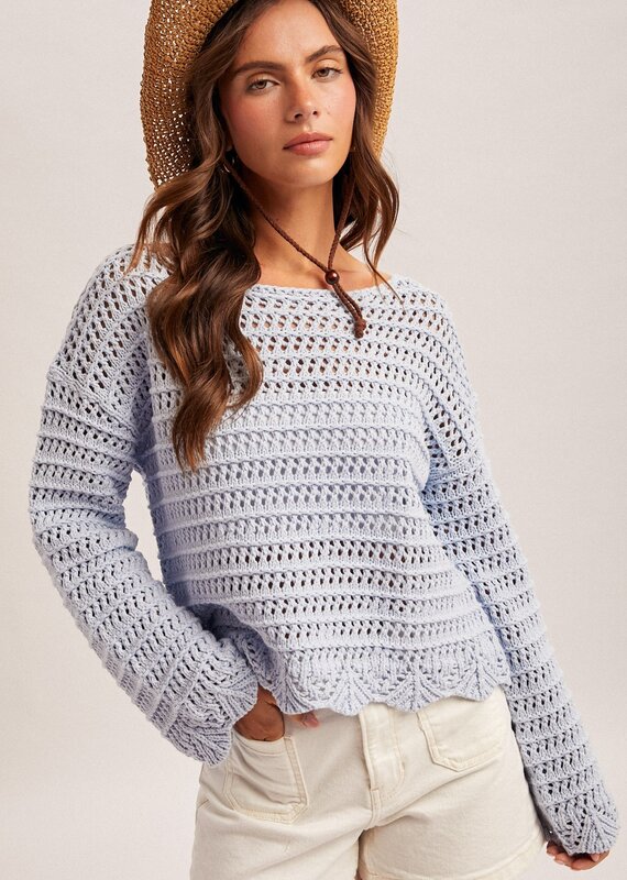 509 Broadway Boatneck Wide L/S Scalloped Hem Sweater