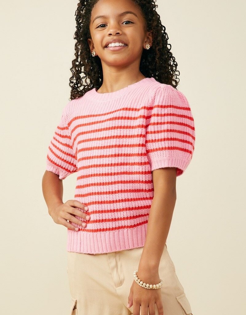 509 Broadway Girls Striped Puff SS Sweater