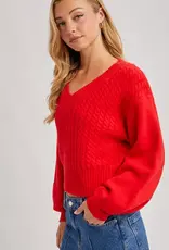 Bluivy Cropped V-Neck Cable Knit Sweater