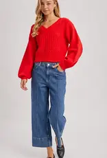 Bluivy Cropped V-Neck Cable Knit Sweater
