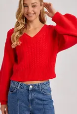 Bluivy Cropped V-Neck Cable Knit Sweater