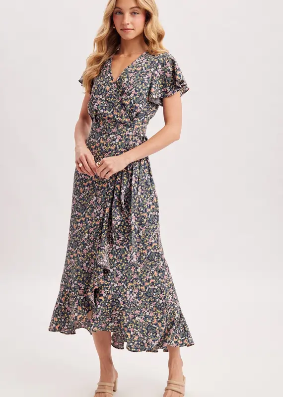 509 Broadway Floral Printed Ruffle Hem Wrap Dress