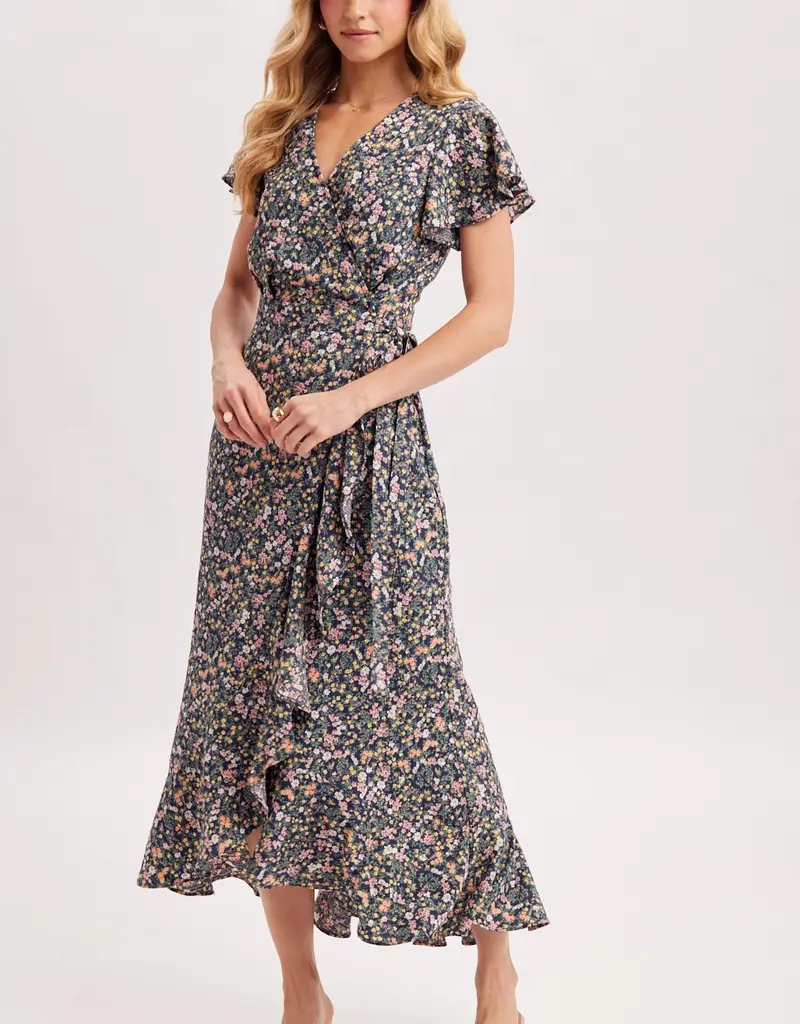 509 Broadway Floral Printed Ruffle Hem Wrap Dress