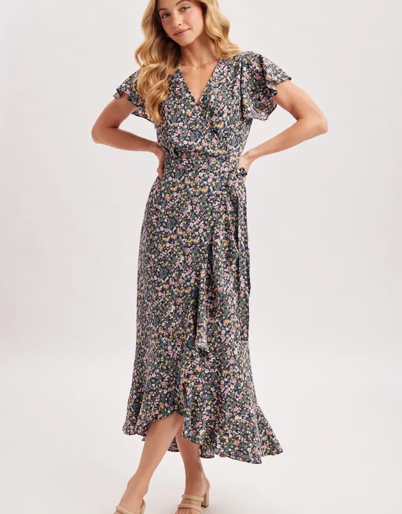 509 Broadway Floral Printed Ruffle Hem Wrap Dress