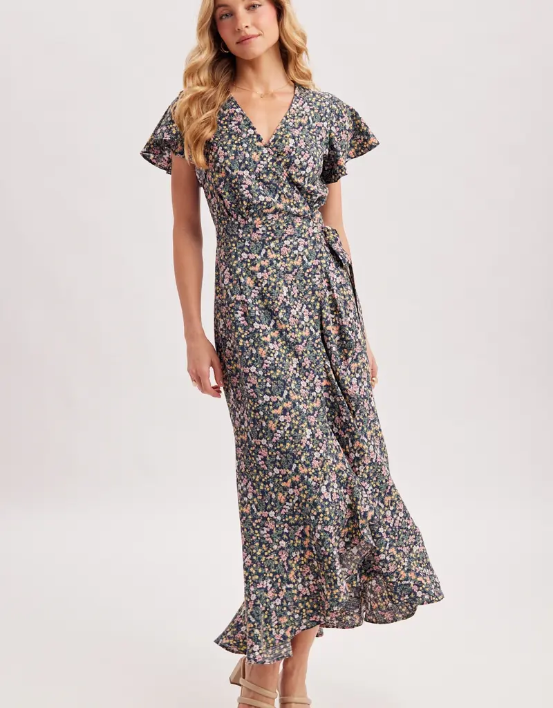 509 Broadway Floral Printed Ruffle Hem Wrap Dress