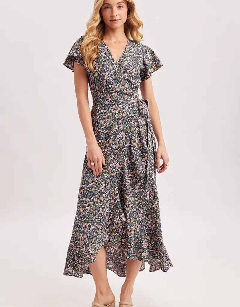 509 Broadway Floral Printed Ruffle Hem Wrap Dress