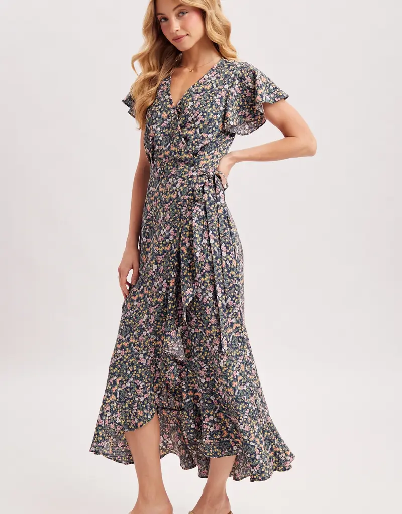 509 Broadway Floral Printed Ruffle Hem Wrap Dress