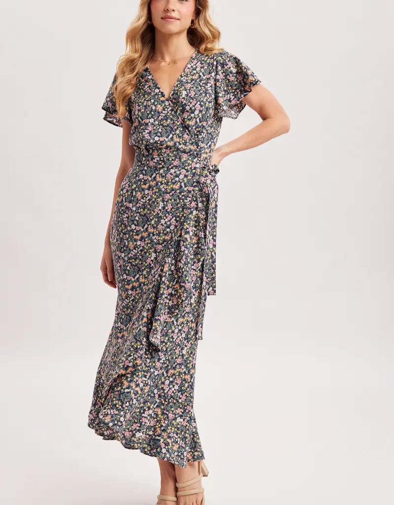 509 Broadway Floral Printed Ruffle Hem Wrap Dress