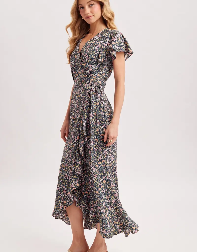 509 Broadway Floral Printed Ruffle Hem Wrap Dress