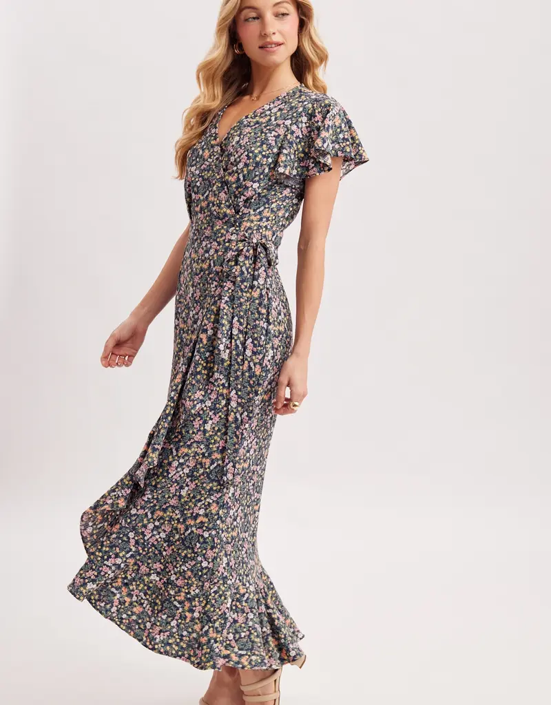 509 Broadway Floral Printed Ruffle Hem Wrap Dress