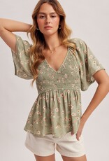 509 Broadway V-Neck Flutter Sleeve Peplum Top