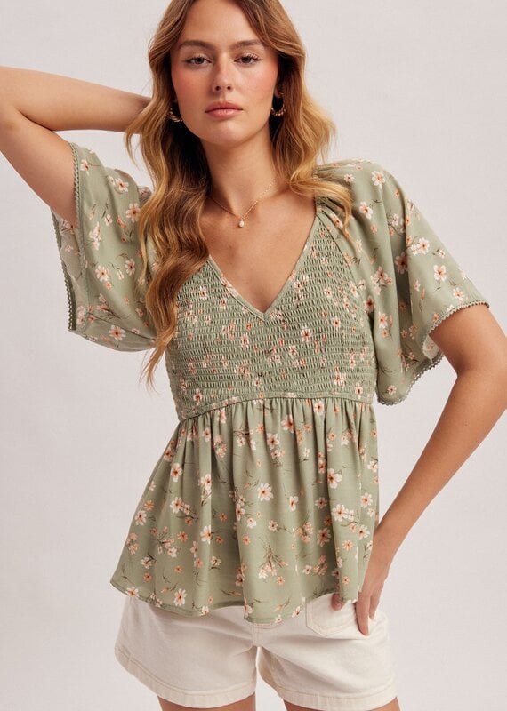 509 Broadway V-Neck Flutter Sleeve Peplum Top