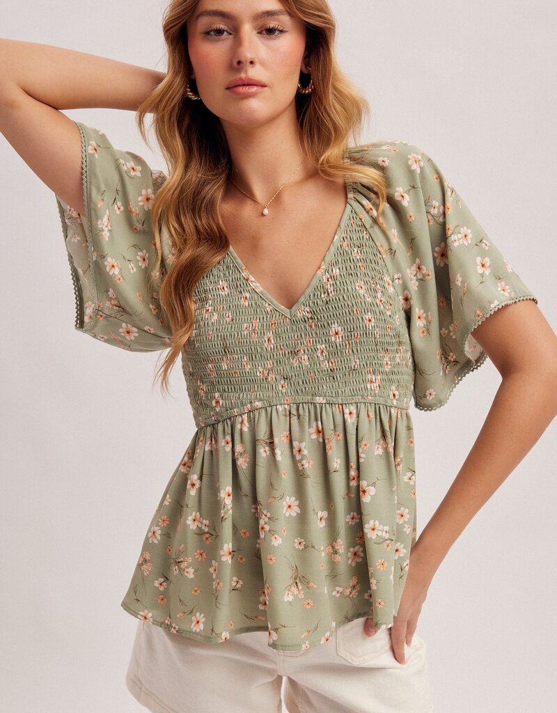 509 Broadway V-Neck Flutter Sleeve Peplum Top