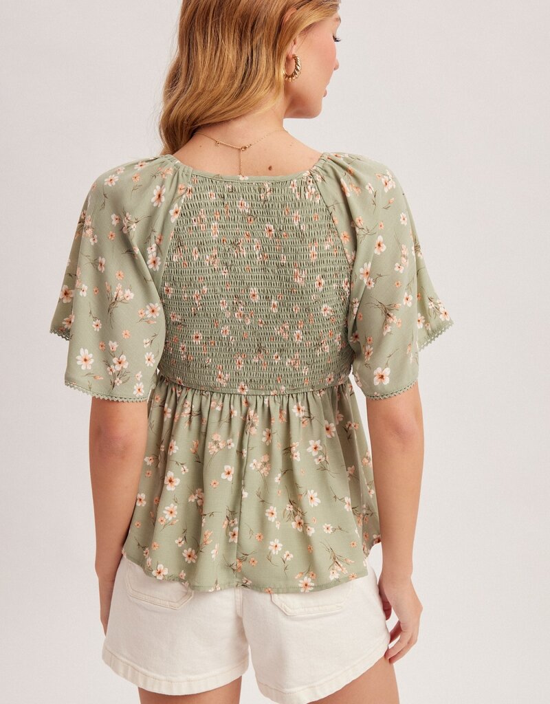 509 Broadway V-Neck Flutter Sleeve Peplum Top