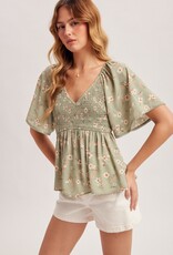 509 Broadway V-Neck Flutter Sleeve Peplum Top