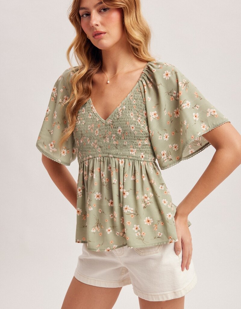 509 Broadway V-Neck Flutter Sleeve Peplum Top