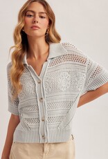 509 Broadway Crochet SS Button Sweater Polo