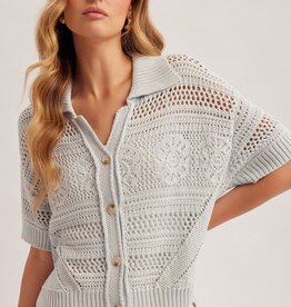 509 Broadway Crochet SS Button Sweater Polo