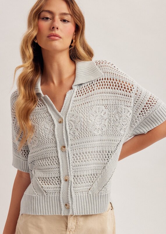 509 Broadway Crochet SS Button Sweater Polo