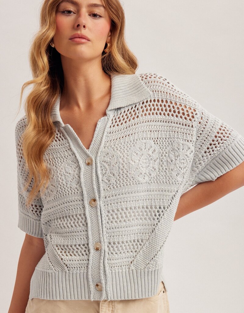 509 Broadway Crochet SS Button Sweater Polo