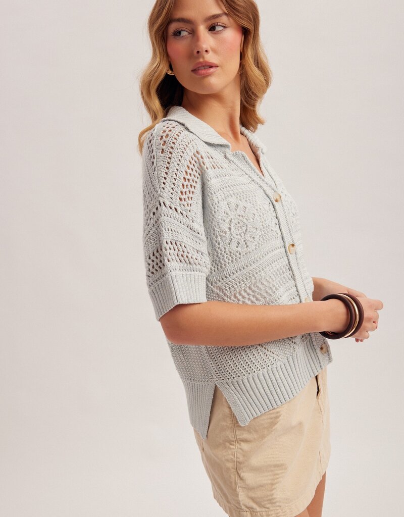 509 Broadway Crochet SS Button Sweater Polo