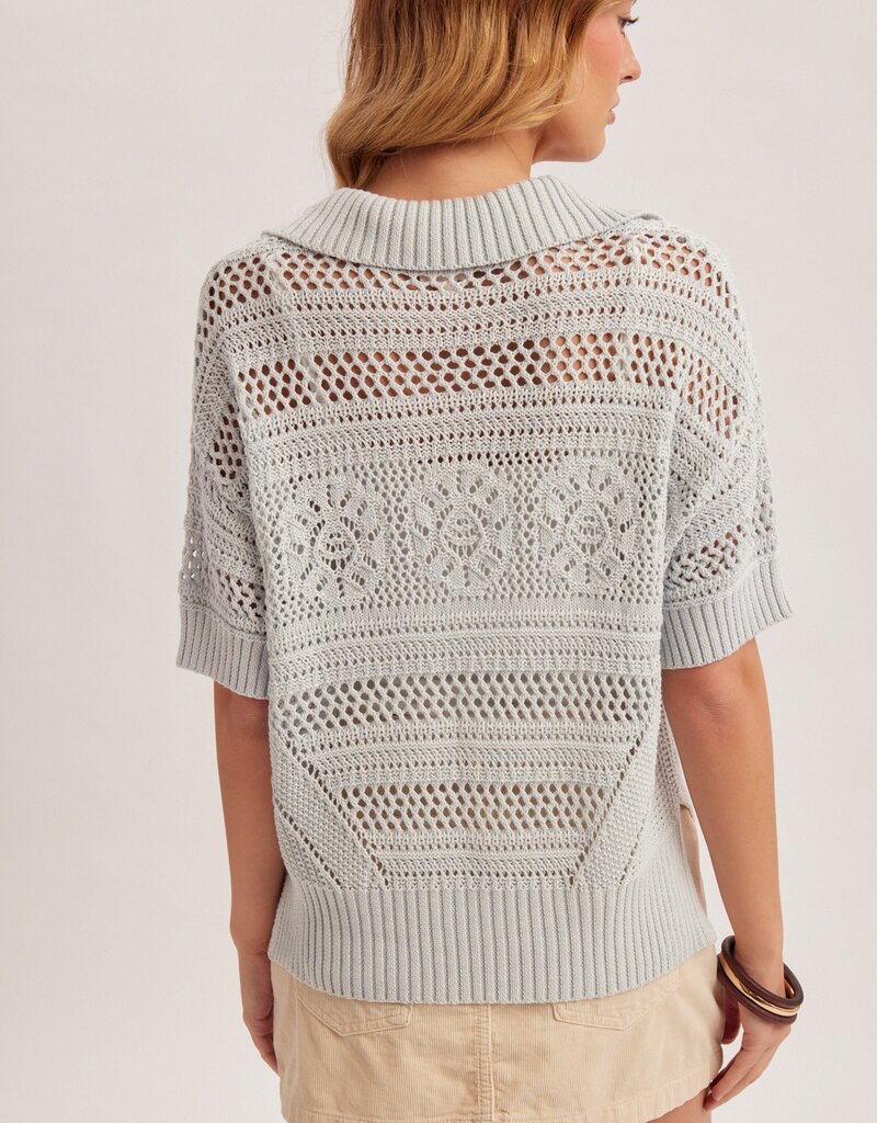 509 Broadway Crochet SS Button Sweater Polo