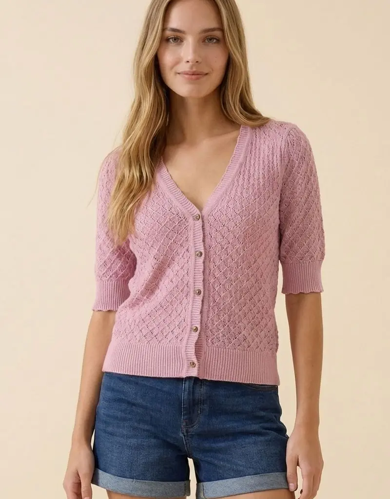509 Broadway Pointelle SS Cardi w/ Buttons