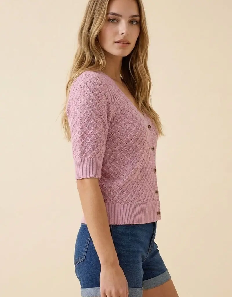 509 Broadway Pointelle SS Cardi w/ Buttons