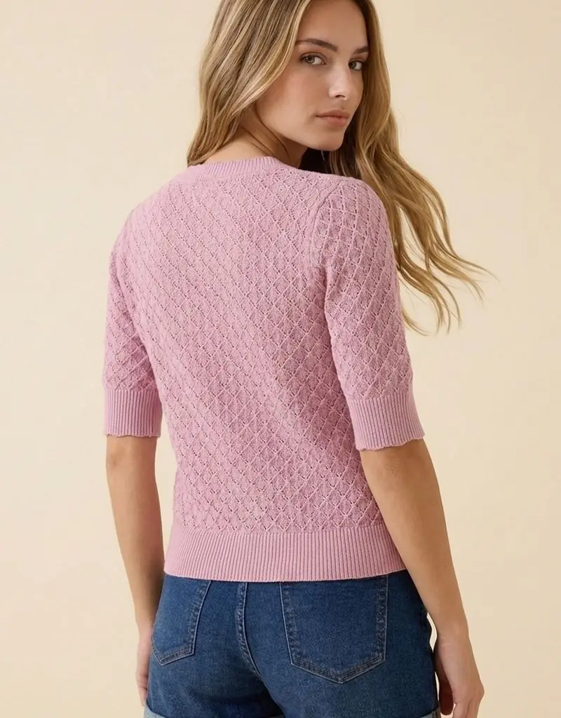 509 Broadway Pointelle SS Cardi w/ Buttons