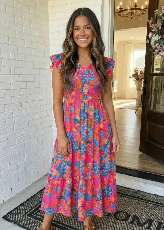 509 Broadway Boho Floral V Neck Dress